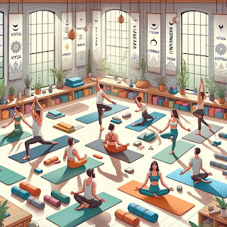 Yoga class practicing a wide variety of techniques