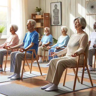 A group practicing chair meditation. A diverse group of seniors practicing chair meditation as a group.