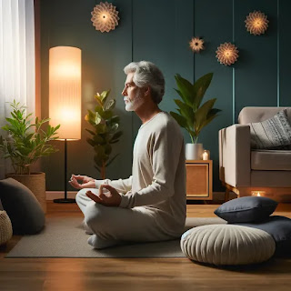 A man meditating at home while working on his health. Gentleman practicing meditation in his home to reduce blood pressure and manage stress.
