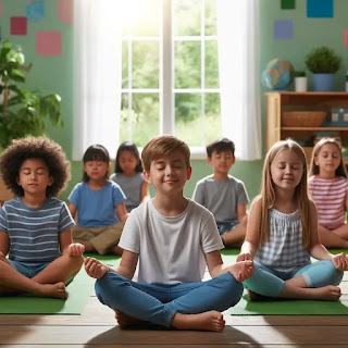 Children sitting in a circle in a classroom, practicing guided imagery meditation, visualizing peaceful natural scenes Children sitting in a circle in a classroom, practicing guided imagery meditation, visualizing peaceful natural scenes