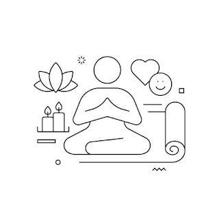 Line art depicting a meditative figure, candles, and nature elements, illustrating the essence of mindfulness and meditation.