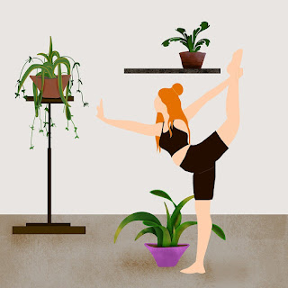 Illustrated woman practicing yoga pose near plants