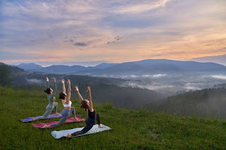 young adult sitting outdoors, meditating or practicing yoga, surrounded by nature, focus on peaceful and grounding environment