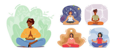 Illustrations depicting various stages of meditation, from calm focus to cosmic awareness, representing the journey through different Jhana states and factors of concentration.