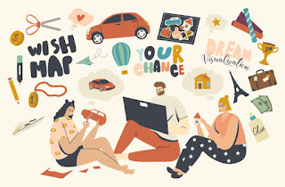 Vision board elements spread out on a table, inspiring goal setting and creative planning.