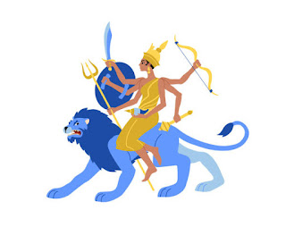 Goddess Durga riding a lion, symbolizing strength, protection, and divine power.