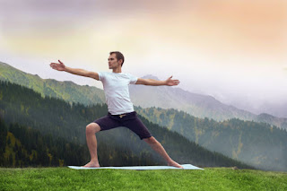 Yoga practitioner in Warrior Pose (Virabhadrasana) in a serene natural setting.