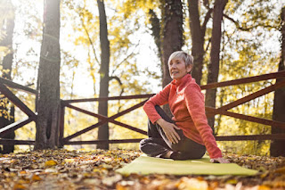 Practitioner performing gentle yoga poses surrounded by autumn leaves, symbolizing seasonal alignment.