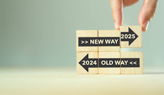 Hand placing wooden blocks labeled '2024 Old Way' and '2025 New Way,' symbolizing the transition to new habits and approaches.