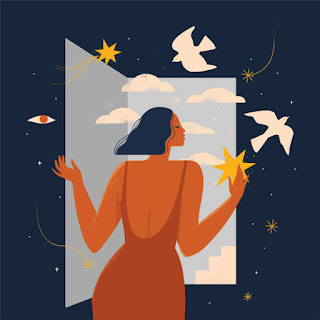 An abstract illustration of a woman opening a door to a starry sky, with birds and celestial symbols, representing spiritual awakening and freedom.