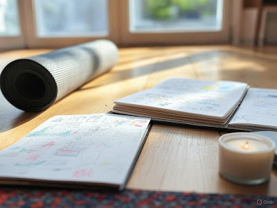 Yoga mat and sketchbook after a creative flow practice, inspiring new ideas.