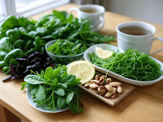 Ayurvedic spring diet with fresh greens, herbal tea, and lemon for detox
