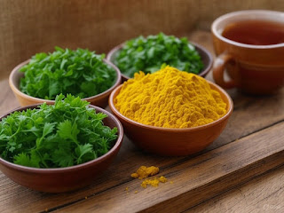 Turmeric, ginger, and Triphala herbs for Ayurvedic spring cleansi
