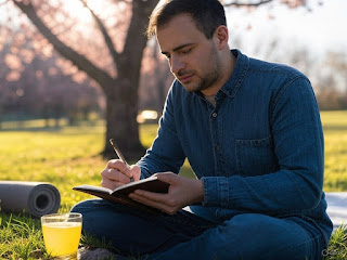Journaling under a spring tree with yoga mat for Ayurvedic self-awareness.