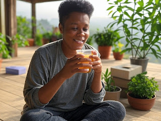 Morning ritual with herbal tea and yoga for Ayurvedic spring cleansing