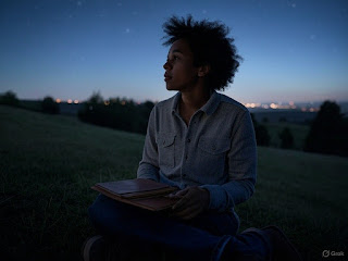 Dreamer under stars reflecting on mindful goals for progres