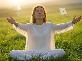 Dreamer visualizing goals in a field during mindfulness meditation.