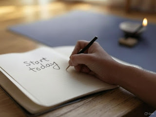 A hand writing an intention (Start today) in a journal, with a soft-focus yoga mat and incense in the background.