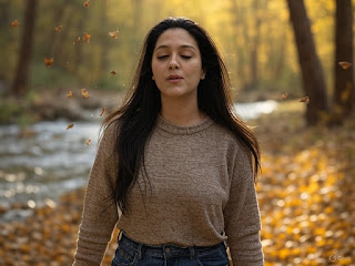 Yogi releasing doubt in nature during mindful goal-setting meditation.