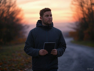 Dreamer walking path with journal after mindful goal-setting meditation.
