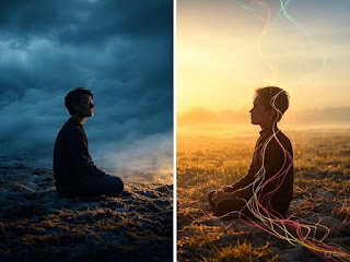 A person stands in a stormy, misty landscape on the left, transitioning to a calm seated pose on the right, bathed in golden light with colorful tendrils rising.