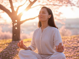 Mindfulness Meditation: A figure in lotus pose under a cherry blossom tree, petals falling gently around them in pastel hues. 	•	Alt Text: “A person in lotus pose sits beneath a cherry blossom tree, surrounded by falling pastel pink petals.