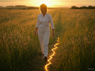 A person walks through a golden field, leaving faint glowing trails behind their steps in the grass.
