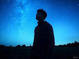 A silhouetted person gazes at a starry sky, framed by swirling galaxies in deep blues and whites.