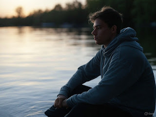 A person sits by a tranquil lake, their reflection rippling.