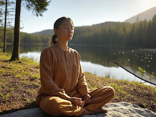 A serene person meditating in nature, symbolizing mindfulness.