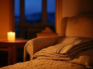 A cozy corner with a candle and blanket, symbolizing a mindfulness space.