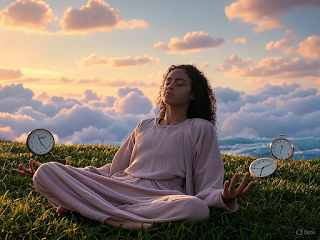 A person lies in Yoga Nidra, surrounded by a surreal landscape of clouds and melting clocks, depicting the dreamlike, timeless state of yogic sleep.