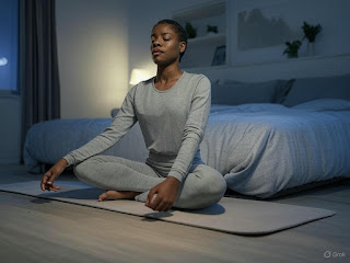 Person enjoying the benefits of evening yoga for stress relief and sleep.