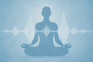 Sound wave graphic with meditating figure for energy focus.