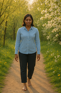 A winding trail through a lush park or woodland, lined with fresh spring foliage and blossoms. A barefoot person walks slowly and mindfully, their face calm and peaceful. Warm, golden light filters through the trees, and the scene hints at birdsong and the scent of flowers, evoking a sense of grounded presence.