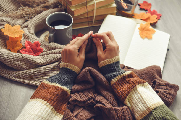 A cozy, sunlit autumn scene inside a home: a person sitting by a window with a warm cup of tea, an open journal or planner on their lap, soft blankets draped around them, and a candle flickering nearby. Outside, colorful fall leaves are visible, letting in natural light. This evokes the feeling of reflection, calm, and starting fresh for the season.