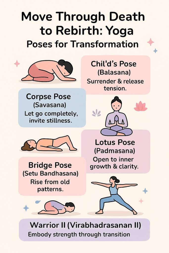Infographic showing yoga poses for spiritual transformation including Child’s Pose, Corpse Pose, Lotus Pose, Bridge Pose, and Warrior II.