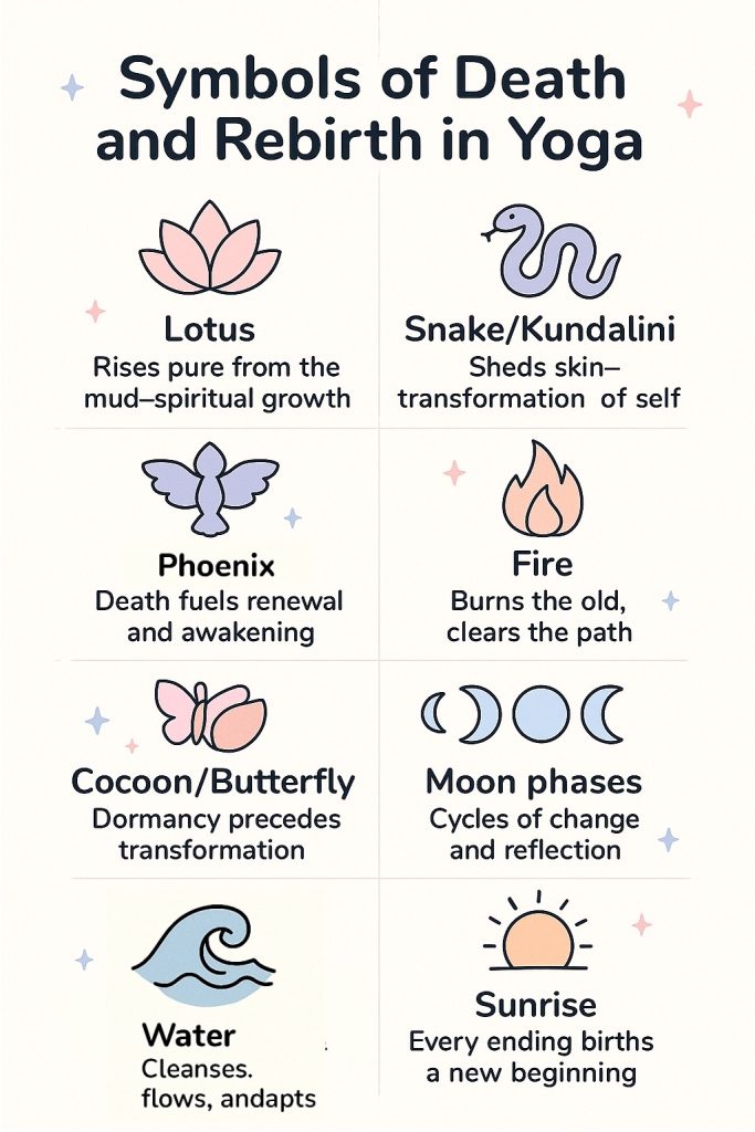 Infographic displaying spiritual symbols in yoga related to death and rebirth: lotus, snake/kundalini, phoenix, fire, butterfly, moon phases, water, and sunrise.