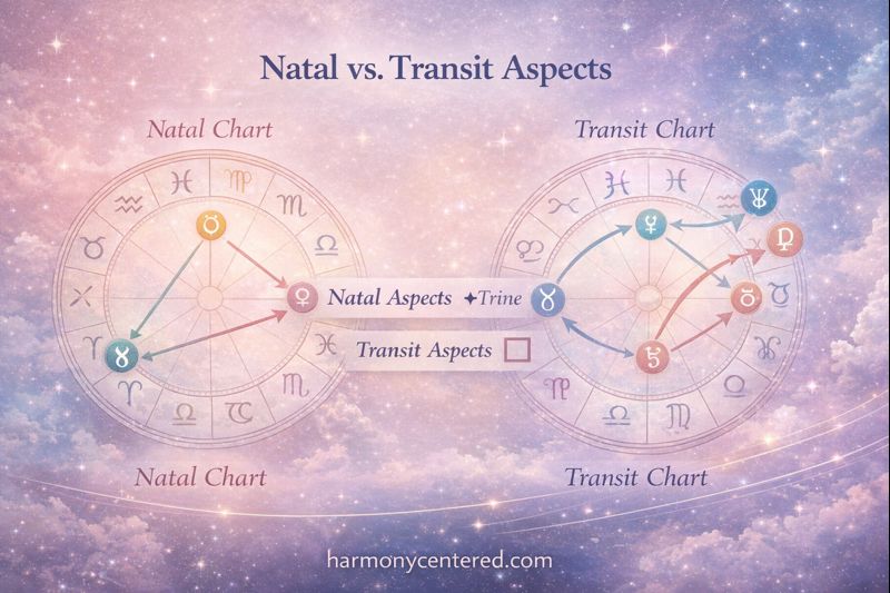 A clean side-by-side visual:
Left: Natal chart wheel (static)
Right: Transit chart wheel (current planets)
Arrows showing how transits connect to natal placements