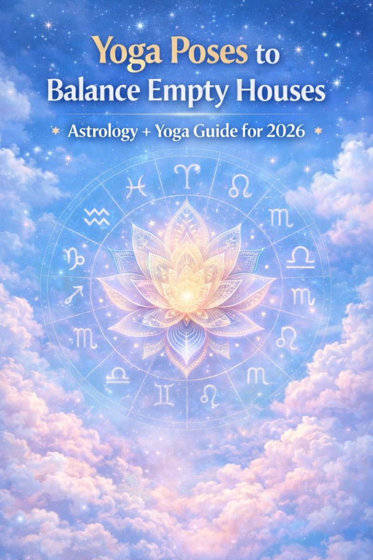 Yoga poses to balance empty houses illustrated with a celestial mandala and zodiac wheel