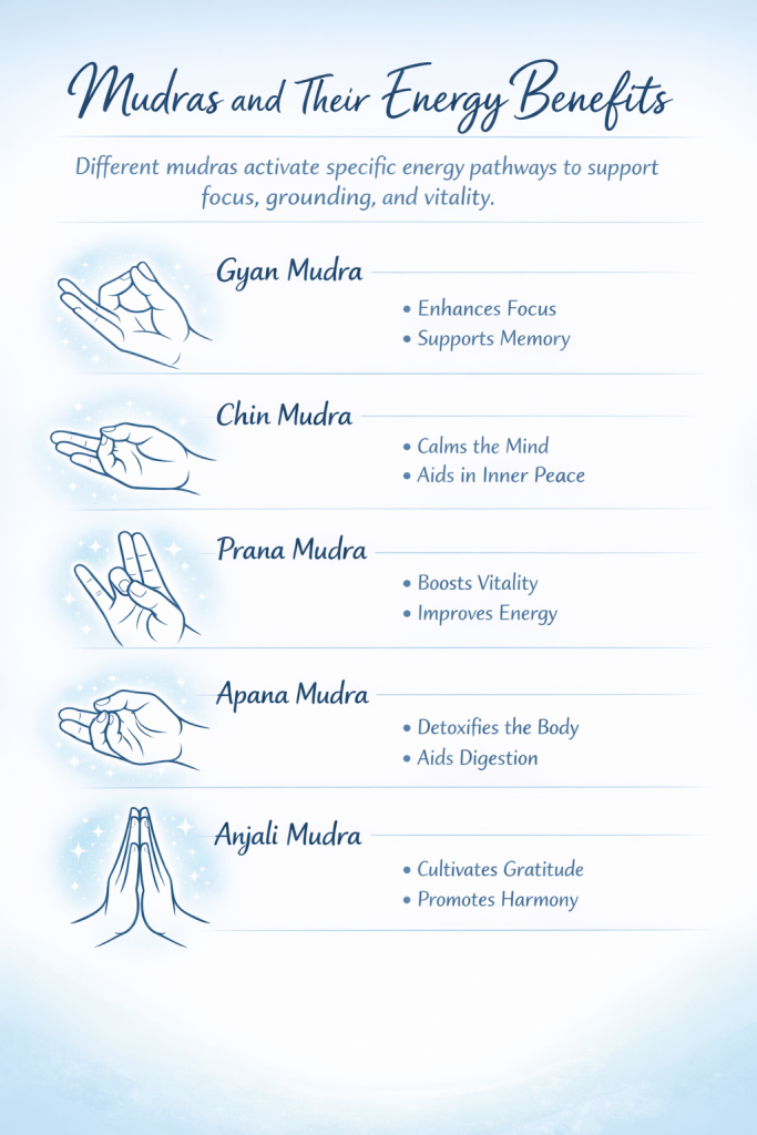 Infographic showing different mudras and their benefits for energy and meditation