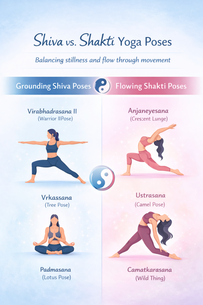 Comparison of grounding Shiva yoga poses and flowing Shakti yoga poses